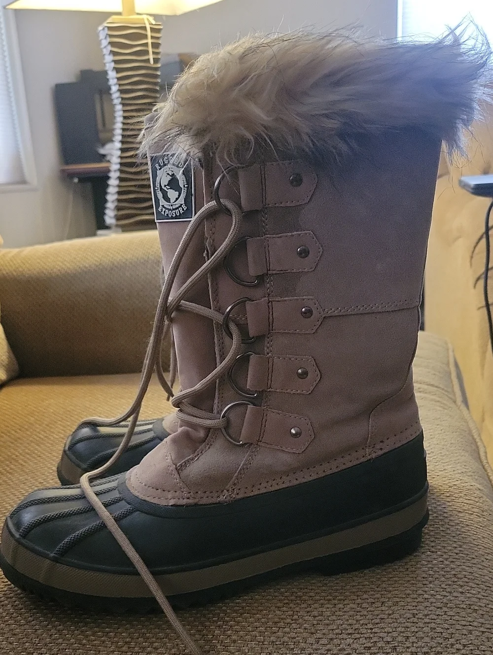 Brand  Rugged Exposure Women's Taupe Lace-Up Faux Fur Winter Boots